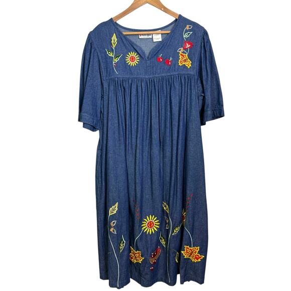 National Size Size Large 100% Cotton Denim Cherry Embroidered Mumu Kaftan - Picture 1 of 7
